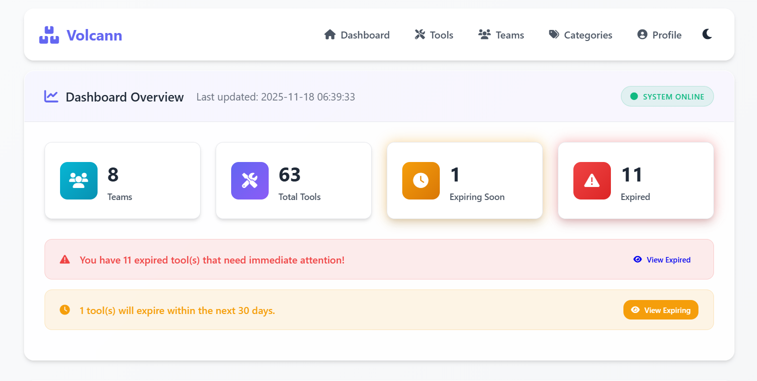 Volcann Dashboard Preview - Tool Inventory Management Interface
